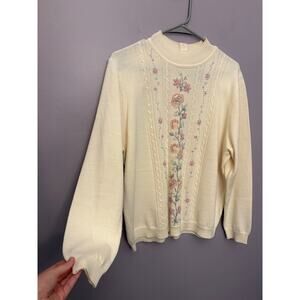 Vintage Alfred Dunner White Crème Floral Embroidered Embellished Sweater LG